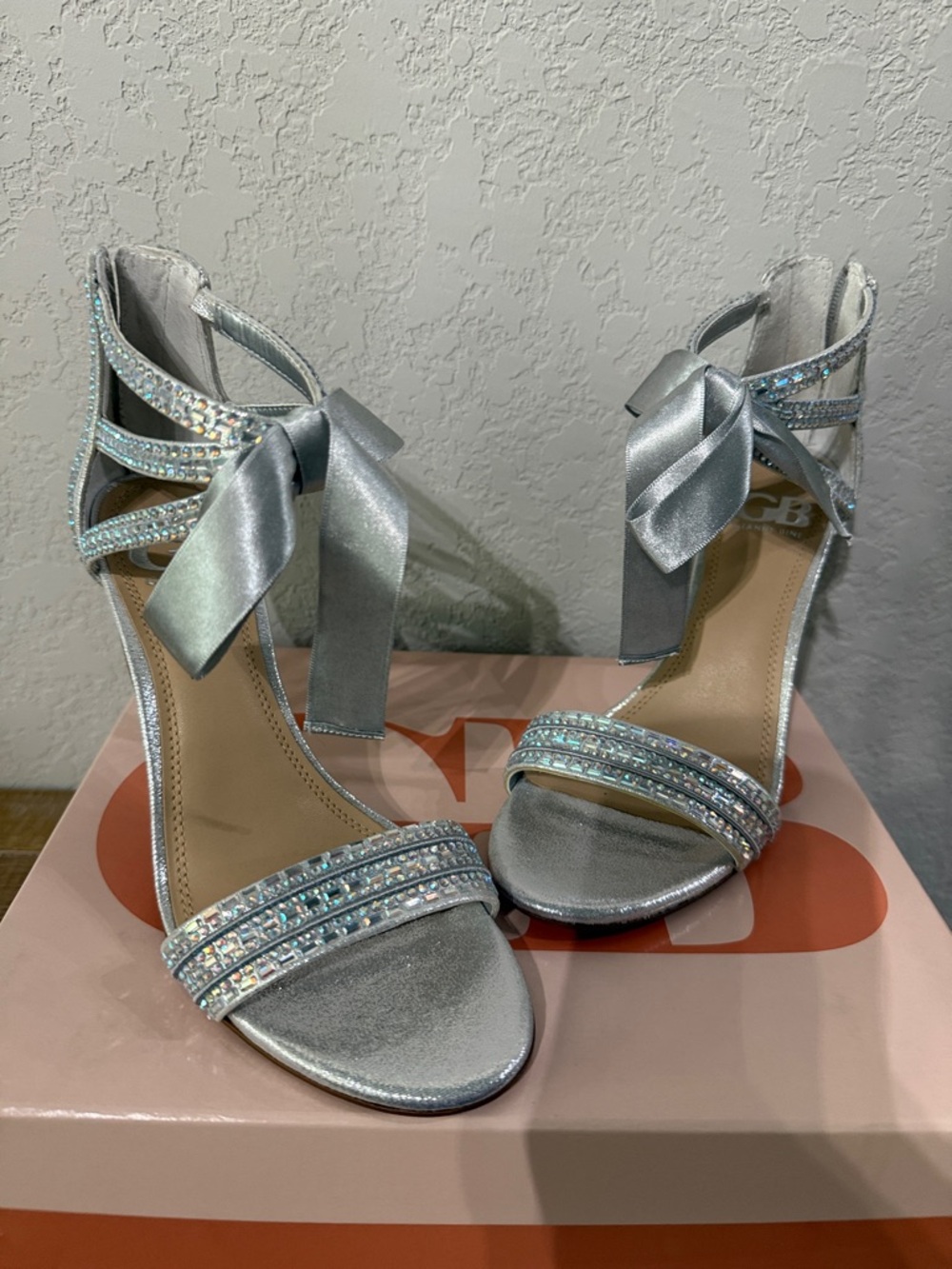 Gianni Bini Silver Crystal Ribbon Ankle Tie Heels